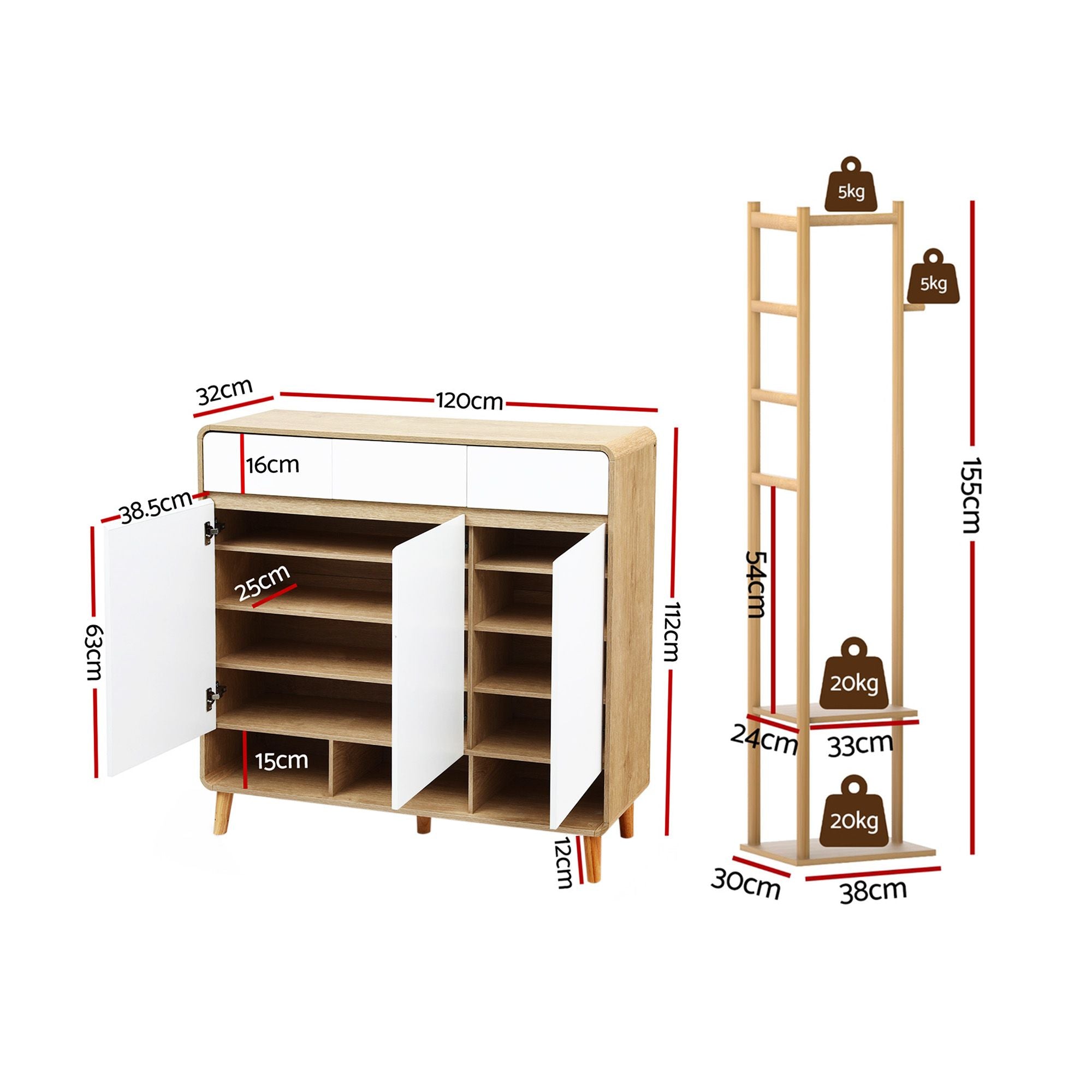 Artiss Shoe Rack Cabinet Wooden & Bamboo Clothes Rack Set Storage Shelf White Pine-Furniture > Living Room > Shoe Storage-PEROZ Accessories