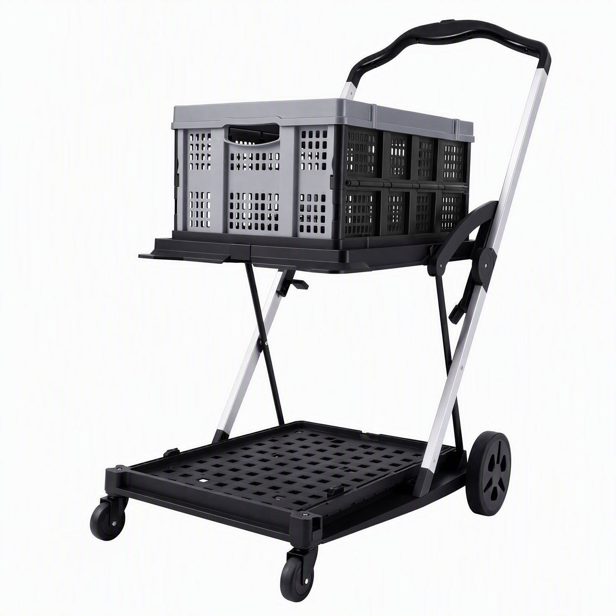 Artiss Shopping Trolley with Wheels 2 Layer w/1 Crate Foldable Trolley Grey-Tools > Tools Storage > Utility Trolleys-PEROZ Accessories