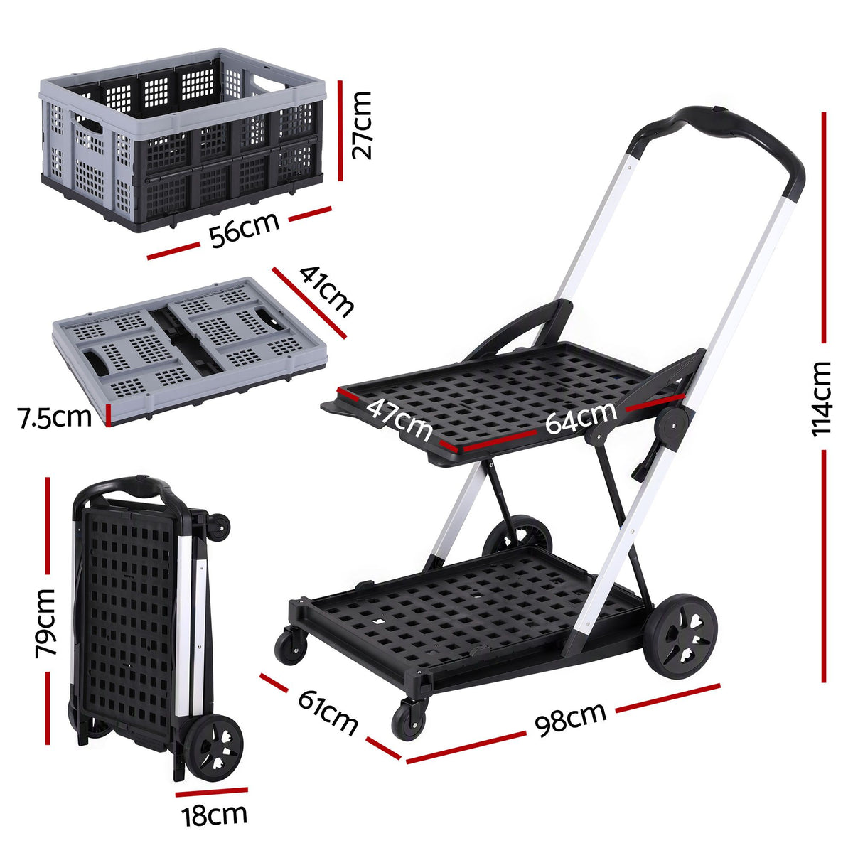 Artiss Shopping Trolley with Wheels 2 Layer w/1 Crate Foldable Trolley Grey-Tools > Tools Storage > Utility Trolleys-PEROZ Accessories