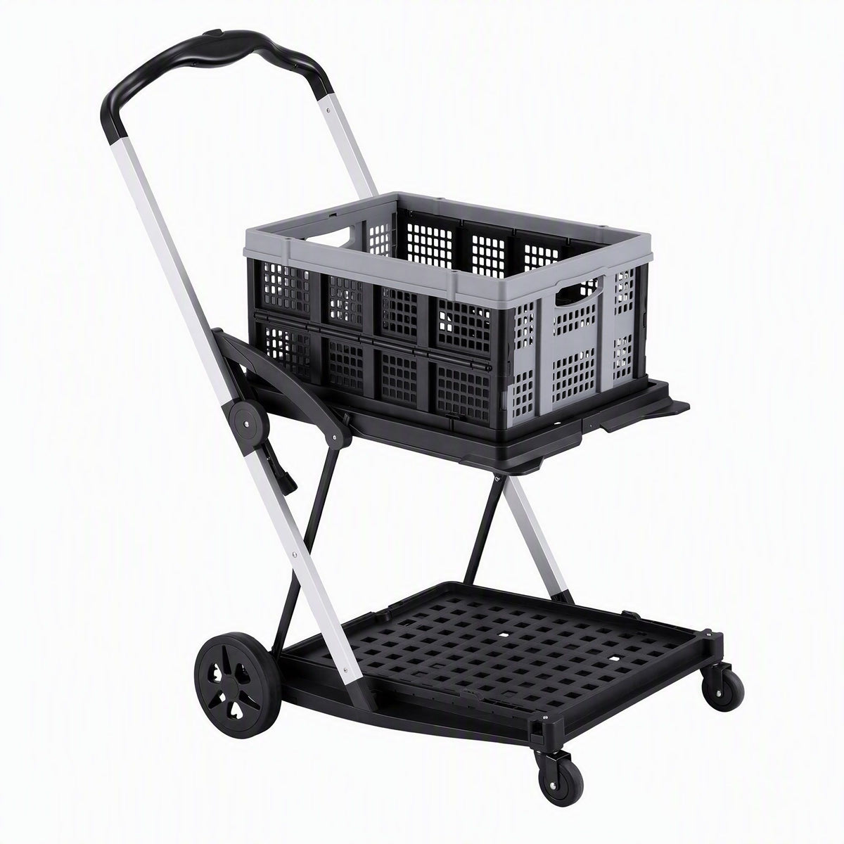 Artiss Shopping Trolley with Wheels 2 Layer w/1 Crate Foldable Trolley Grey-Tools > Tools Storage > Utility Trolleys-PEROZ Accessories