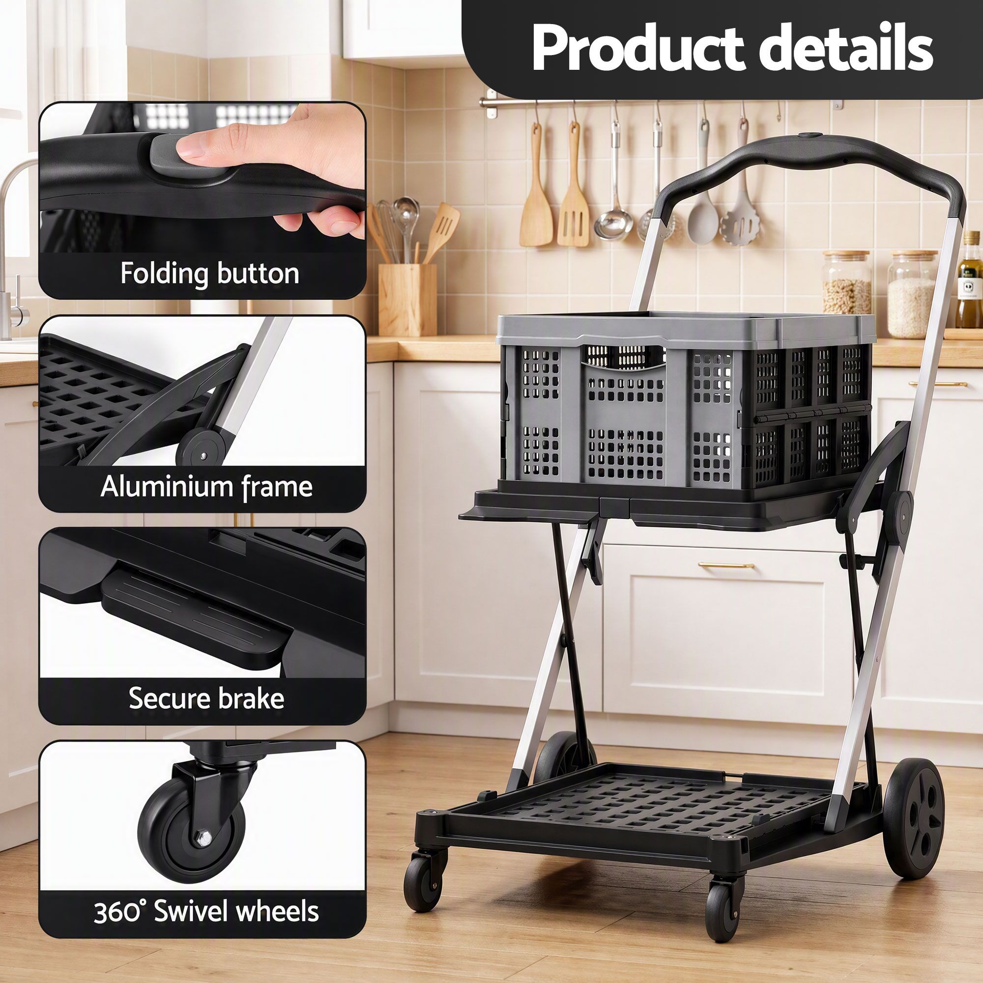 Artiss Shopping Trolley with Wheels 2 Layer w/1 Crate Foldable Trolley Grey