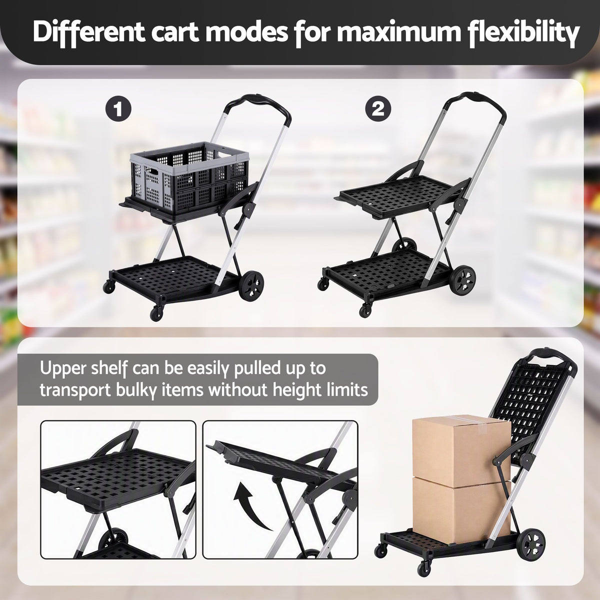 Artiss Shopping Trolley with Wheels 2 Layer w/1 Crate Foldable Trolley Grey-Tools > Tools Storage > Utility Trolleys-PEROZ Accessories