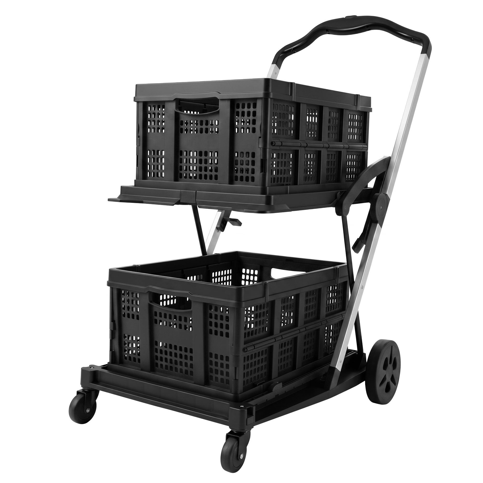 Artiss Shopping Trolley with Wheels 2 Layer w/2 Crates Foldable Trolley Black