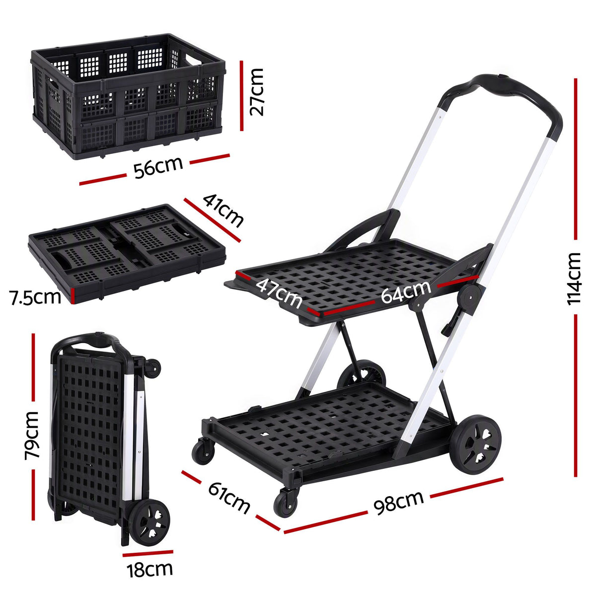 Artiss Shopping Trolley with Wheels 2 Layer w/2 Crates Foldable Trolley Black-Tools > Tools Storage > Utility Trolleys-PEROZ Accessories