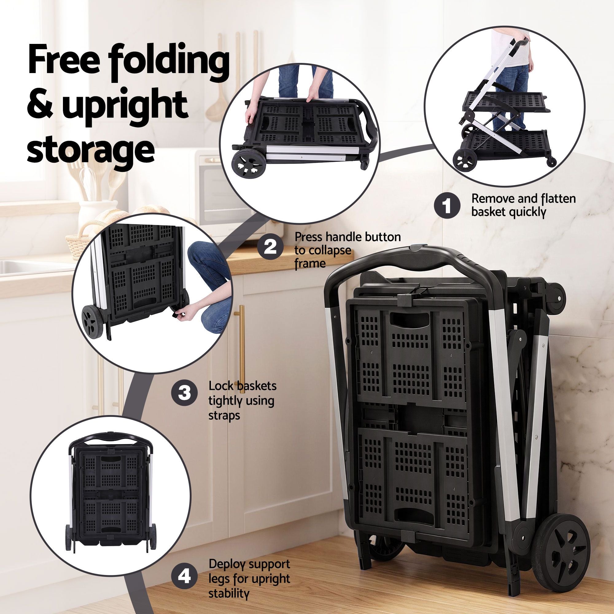 Artiss Shopping Trolley with Wheels 2 Layer w/2 Crates Foldable Trolley Black