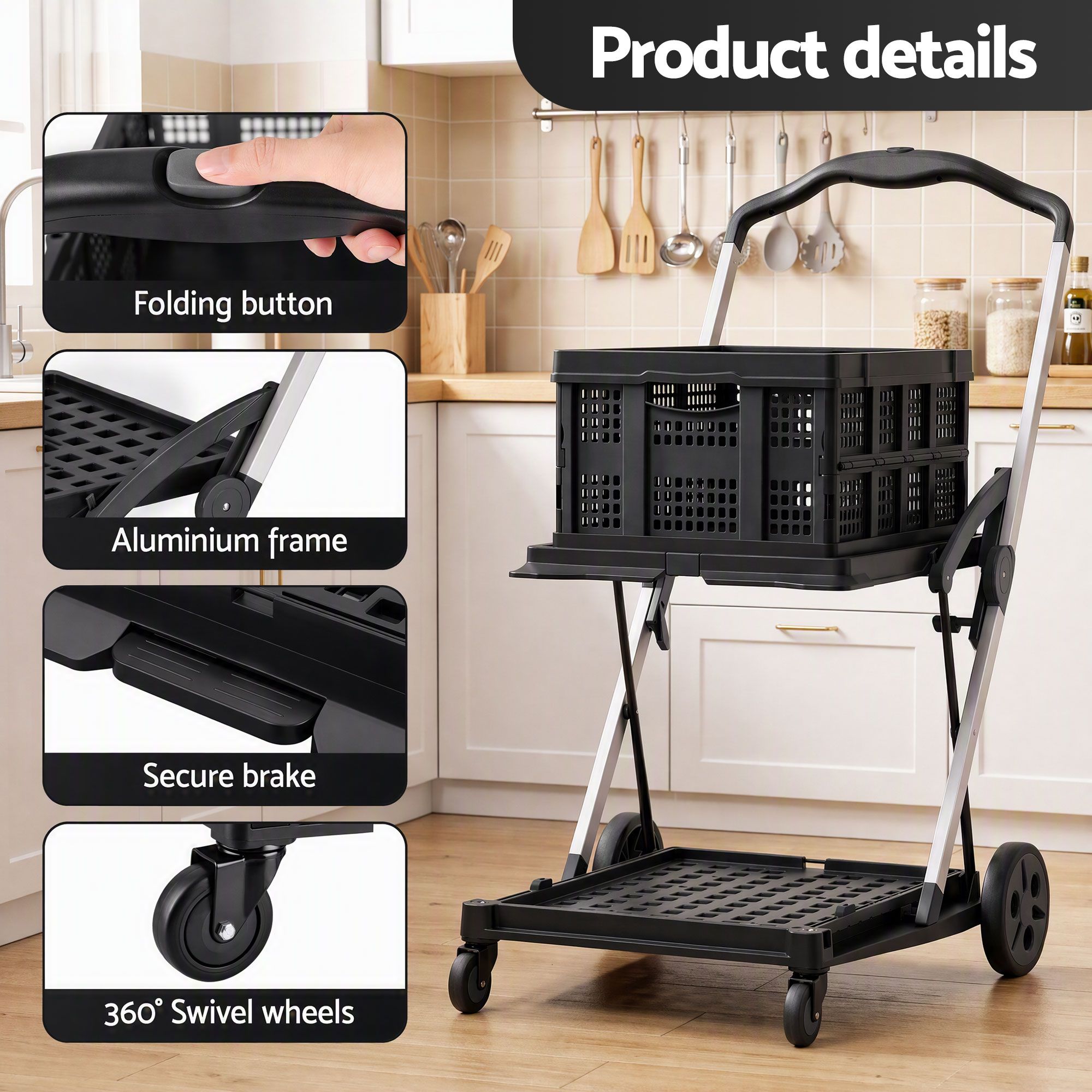 Artiss Shopping Trolley with Wheels 2 Layer w/2 Crates Foldable Trolley Black