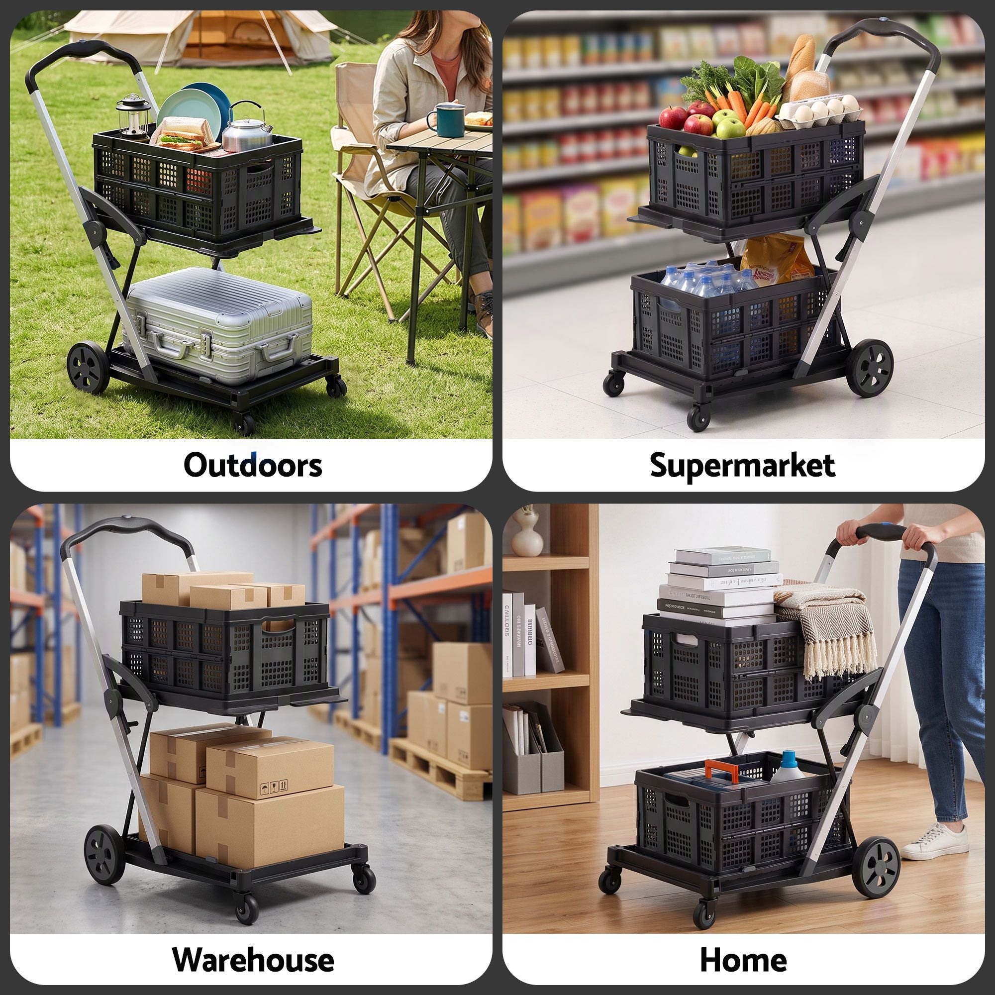 Artiss Shopping Trolley with Wheels 2 Layer w/2 Crates Foldable Trolley Black