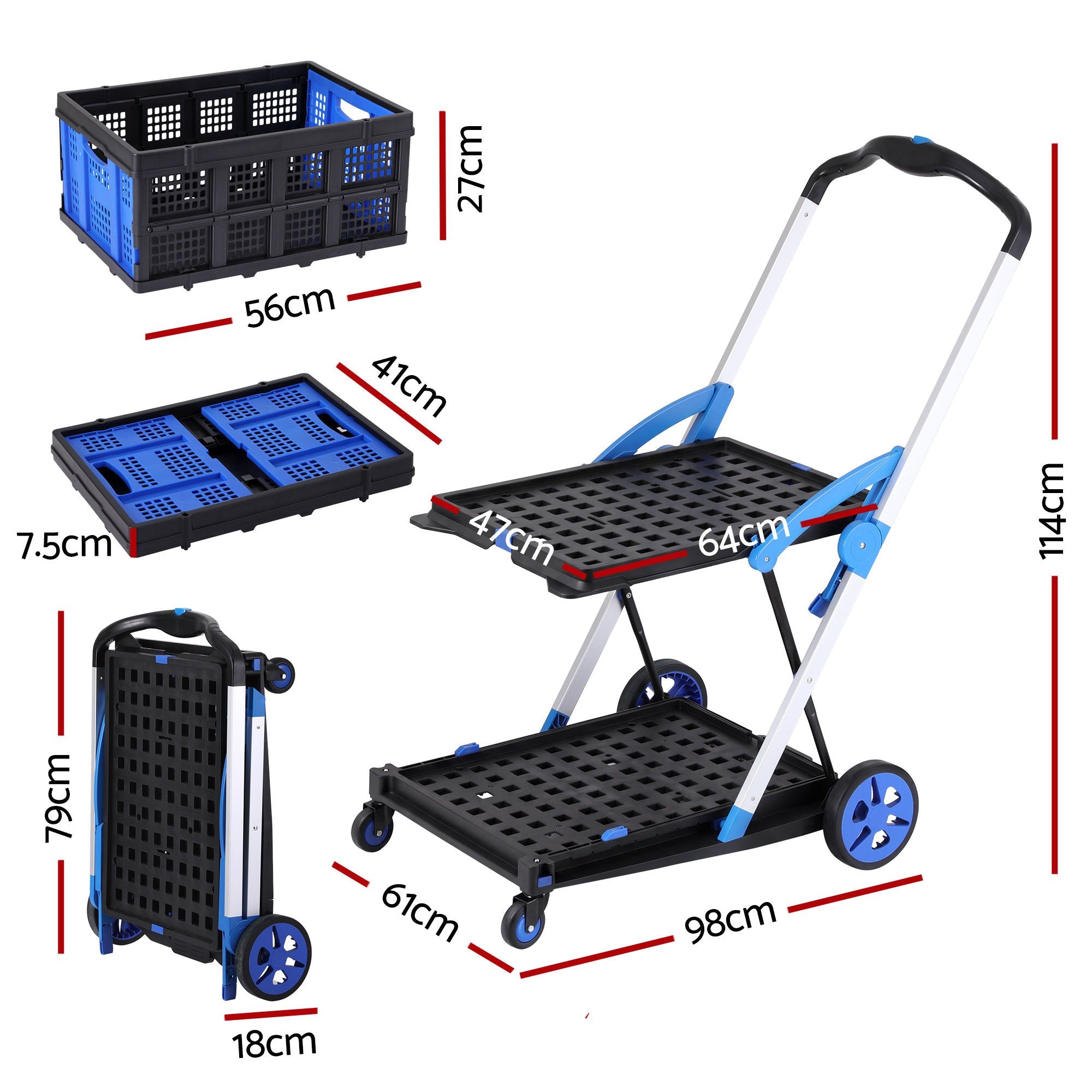 Artiss Shopping Trolley with Wheels 2 Layer w/2 Crates Foldable Trolley Blue