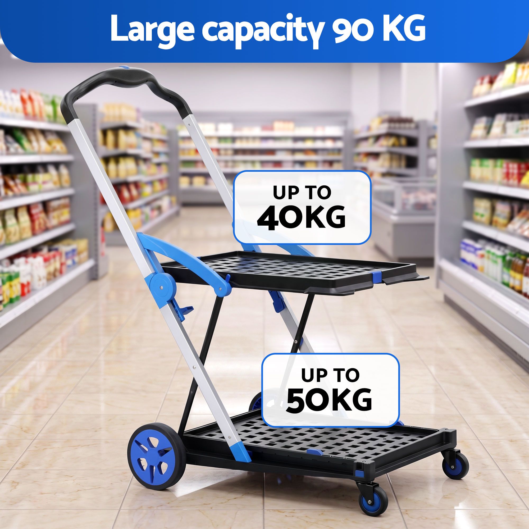 Artiss Shopping Trolley with Wheels 2 Layer w/2 Crates Foldable Trolley Blue
