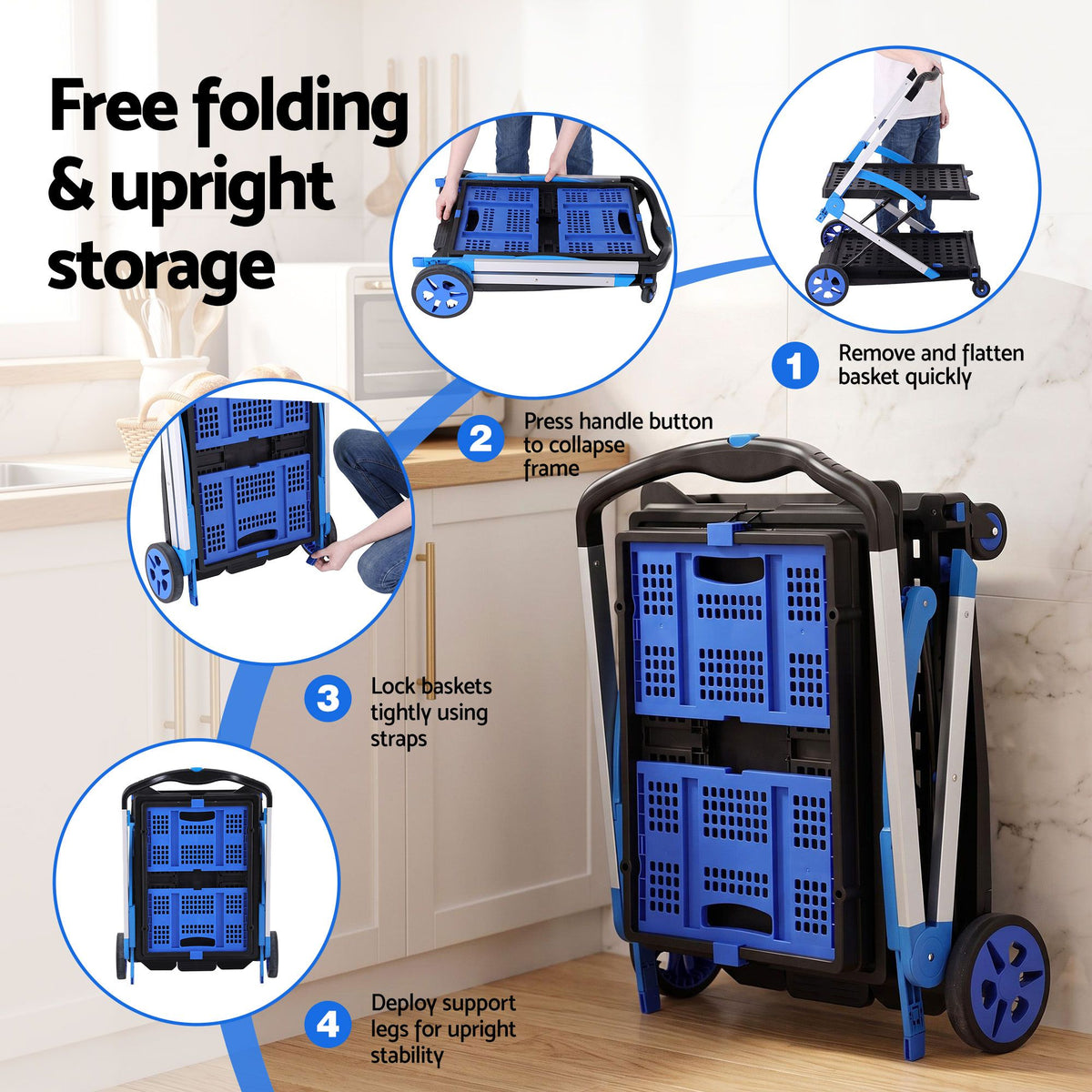 Artiss Shopping Trolley with Wheels 2 Layer w/2 Crates Foldable Trolley Blue-Tools > Tools Storage > Utility Trolleys-PEROZ Accessories