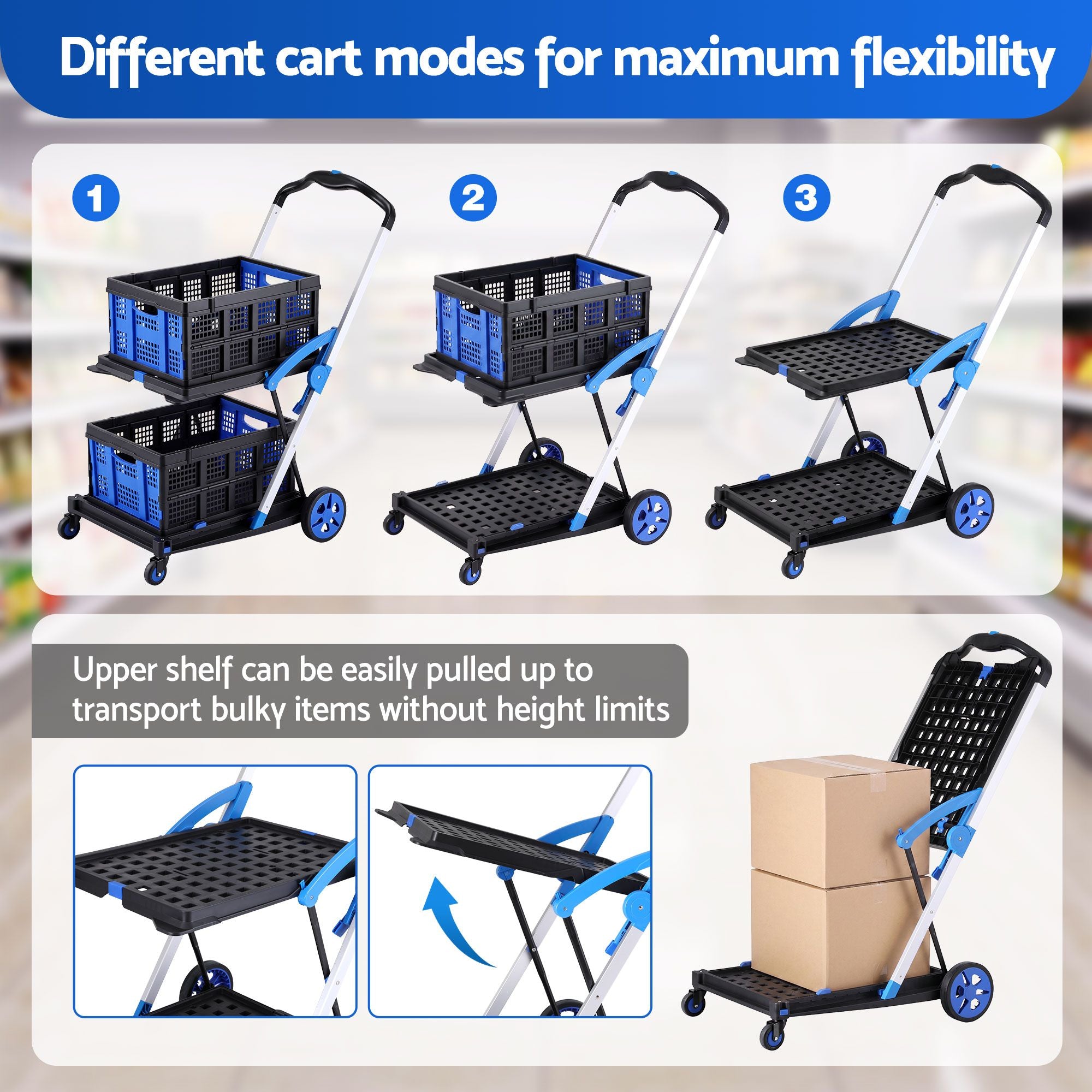 Artiss Shopping Trolley with Wheels 2 Layer w/2 Crates Foldable Trolley Blue