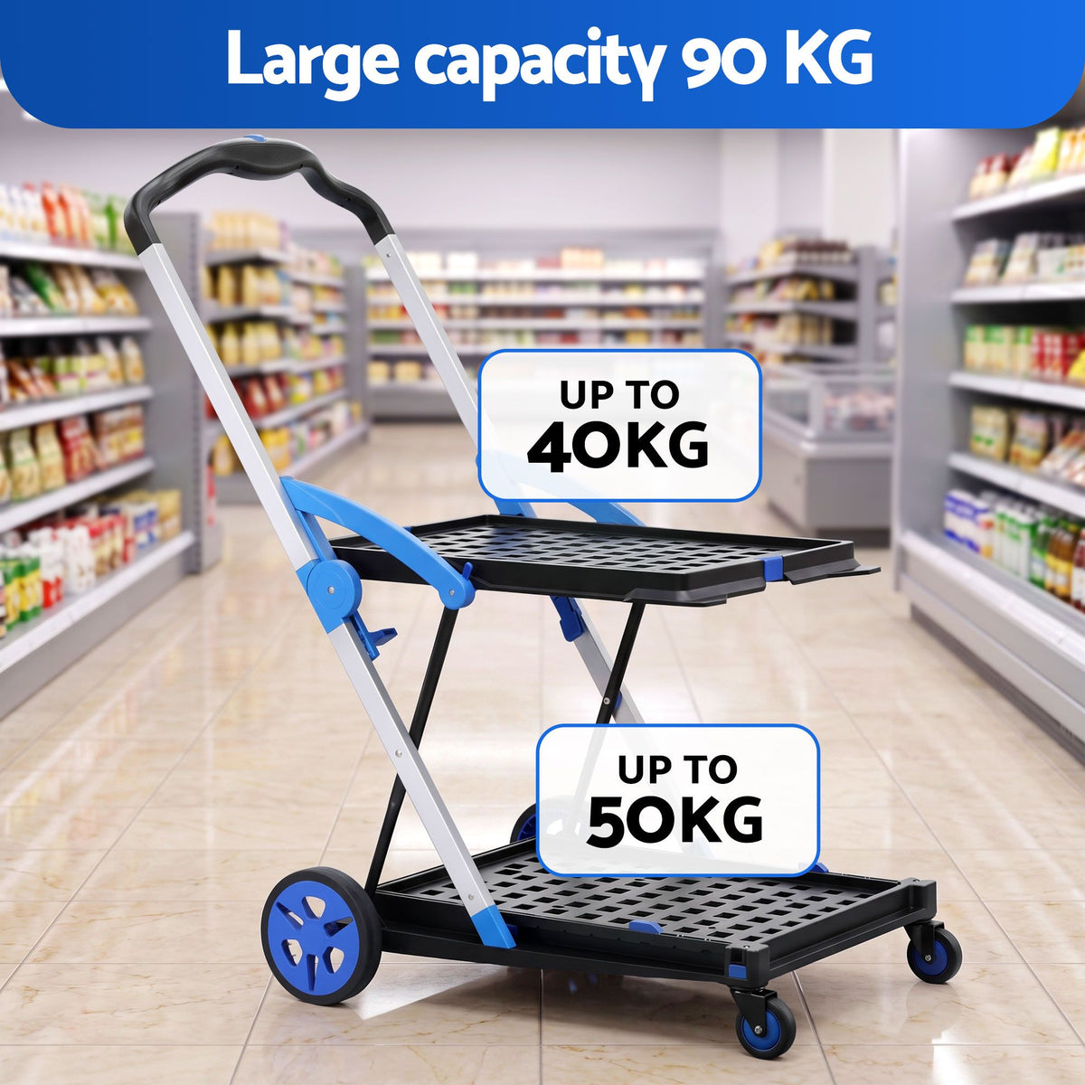 Artiss Shopping Trolley with Wheels 2 Layer w/2 Crates Foldable Trolley Blue-Tools > Tools Storage > Utility Trolleys-PEROZ Accessories