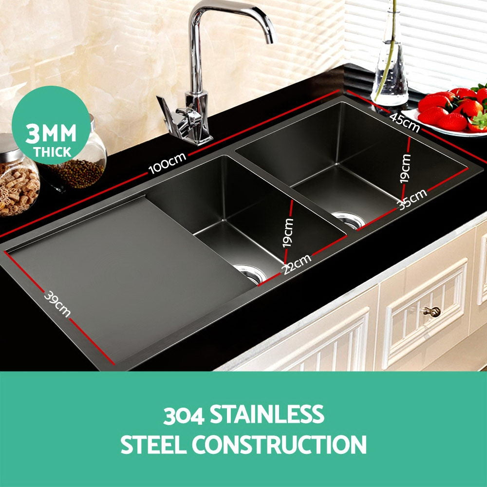 Cefito Kitchen Sink 100X45CM Stainless Steel Basin Double Bowl Black-Furniture > Dining > Kitchen Sinks-PEROZ Accessories
