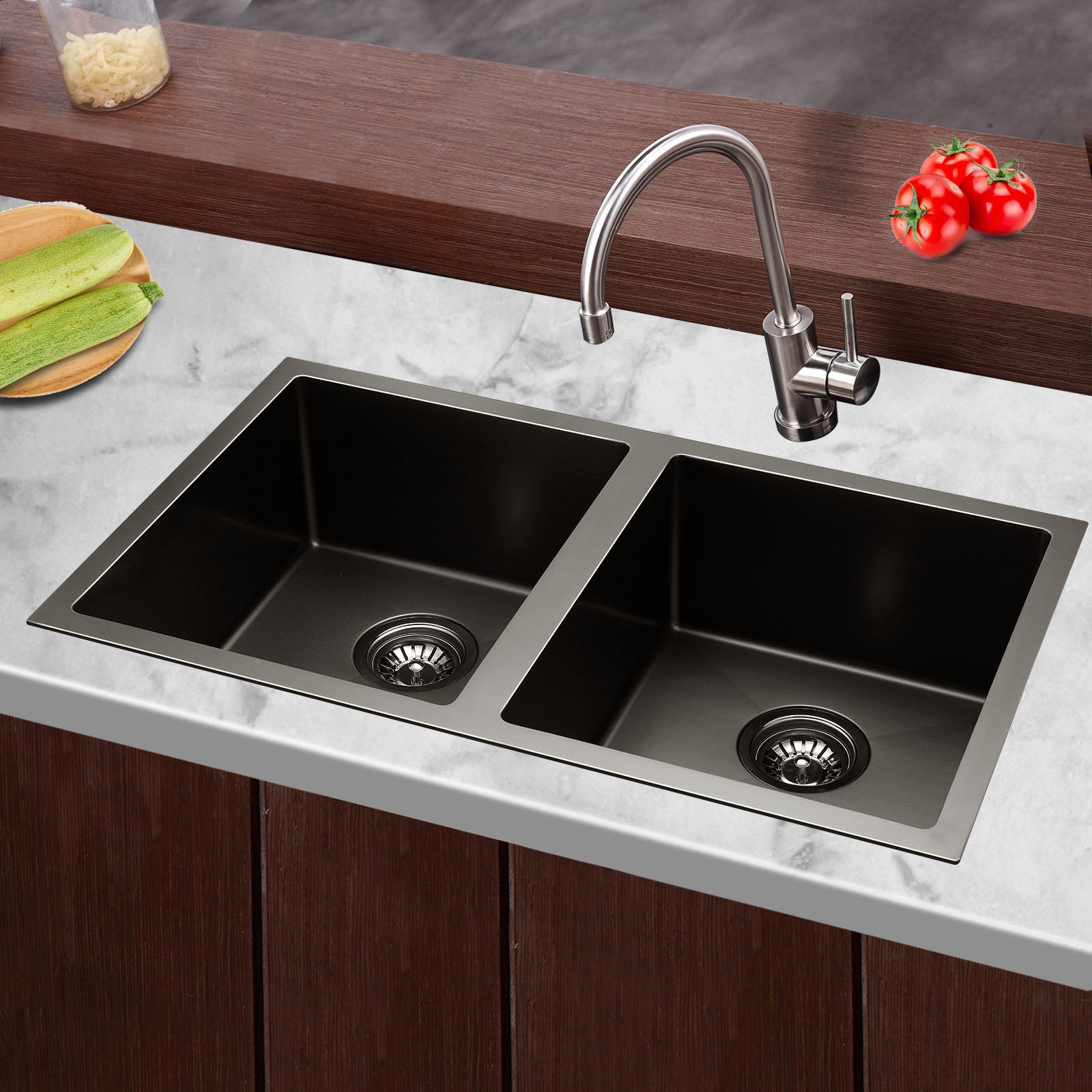 Cefito Kitchen Sink 77X45CM Stainless Steel Basin Double Bowl Black-Furniture > Bathroom > Sinks-PEROZ Accessories