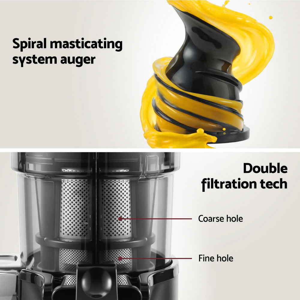 Devanti Slow Juicer Cold Press Fruit Juice Extractor 130W Black-Appliances > Kitchen Appliances-PEROZ Accessories