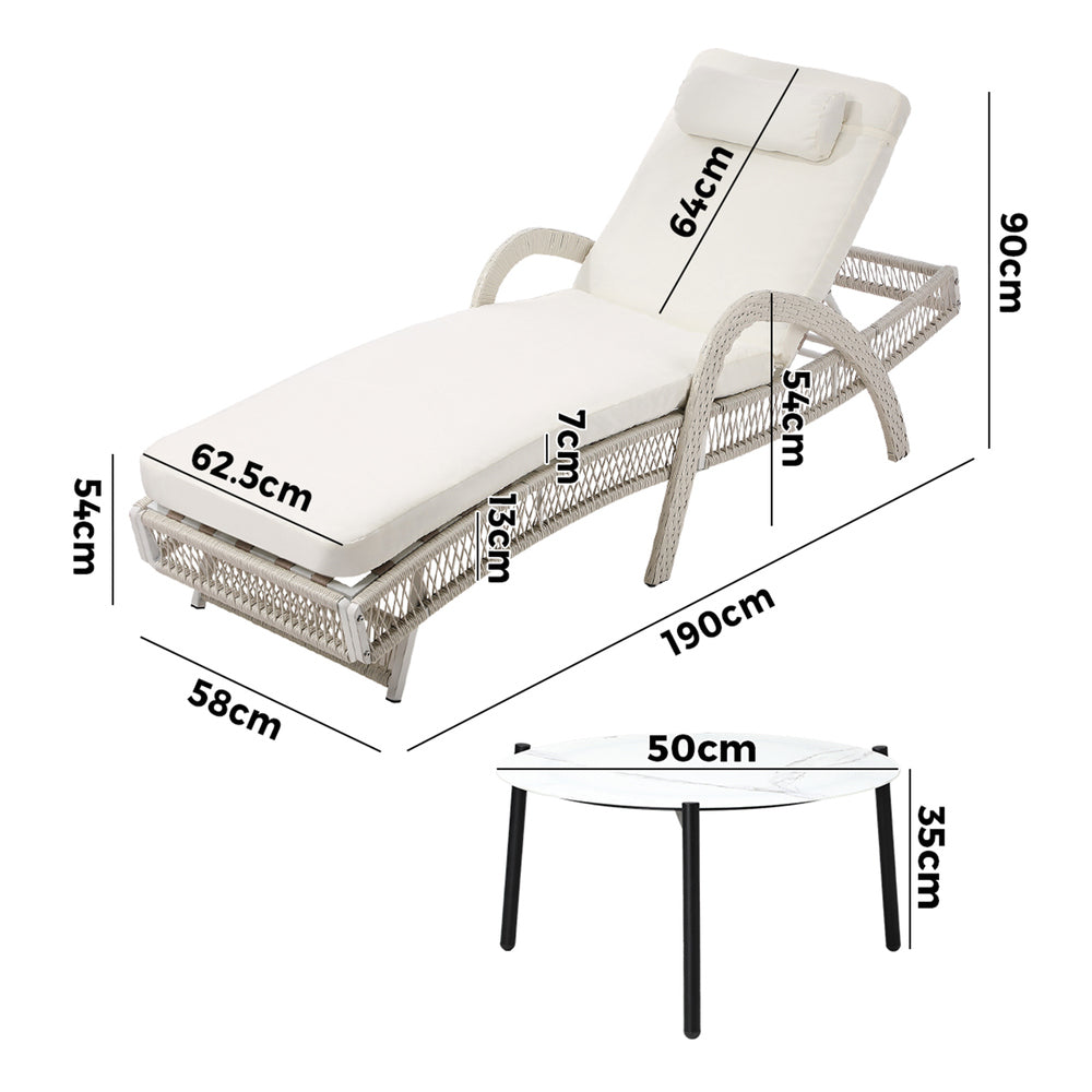 Livsip 3PCS Outdoor Sun Lounger Wicker Lounge Table Chairs Grey-Sun Lounge-PEROZ Accessories