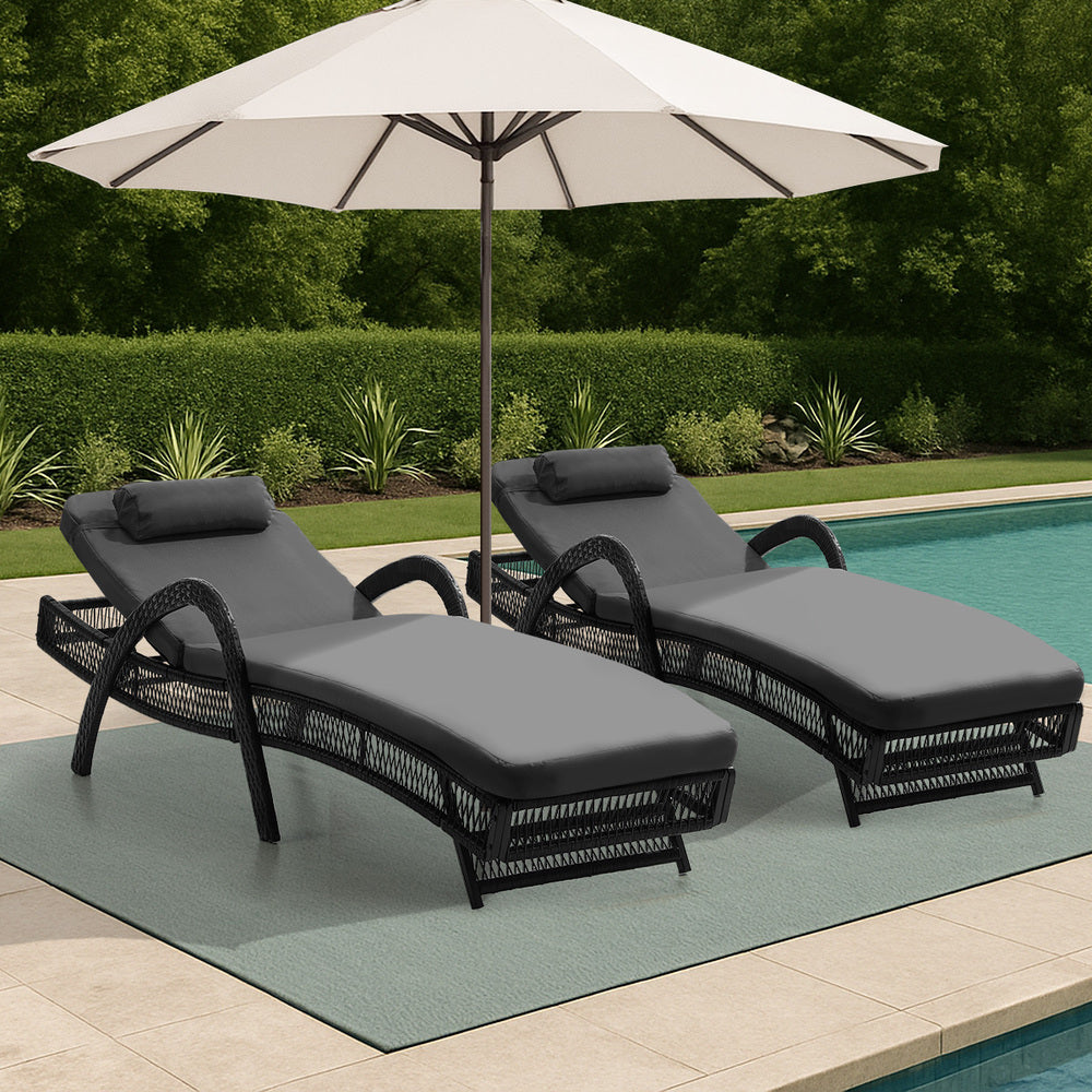 Livsip 2PCS Outdoor Sun Lounge Wicker Bed Patio Furniture Grey-Sun Lounge-PEROZ Accessories