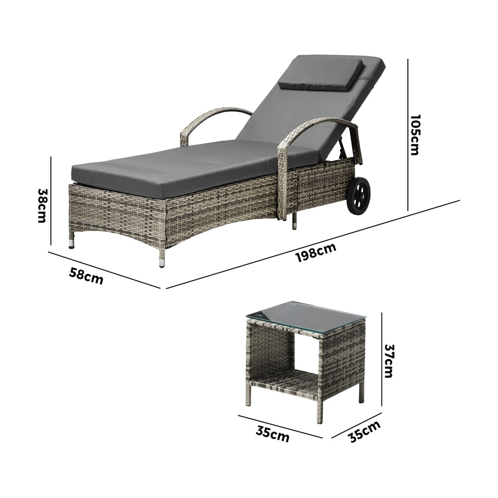 Livsip 2x Wheeled Sun Lounger Day Bed W/ Table Outdoor Setting Patio Furniture-Sun Lounges-PEROZ Accessories