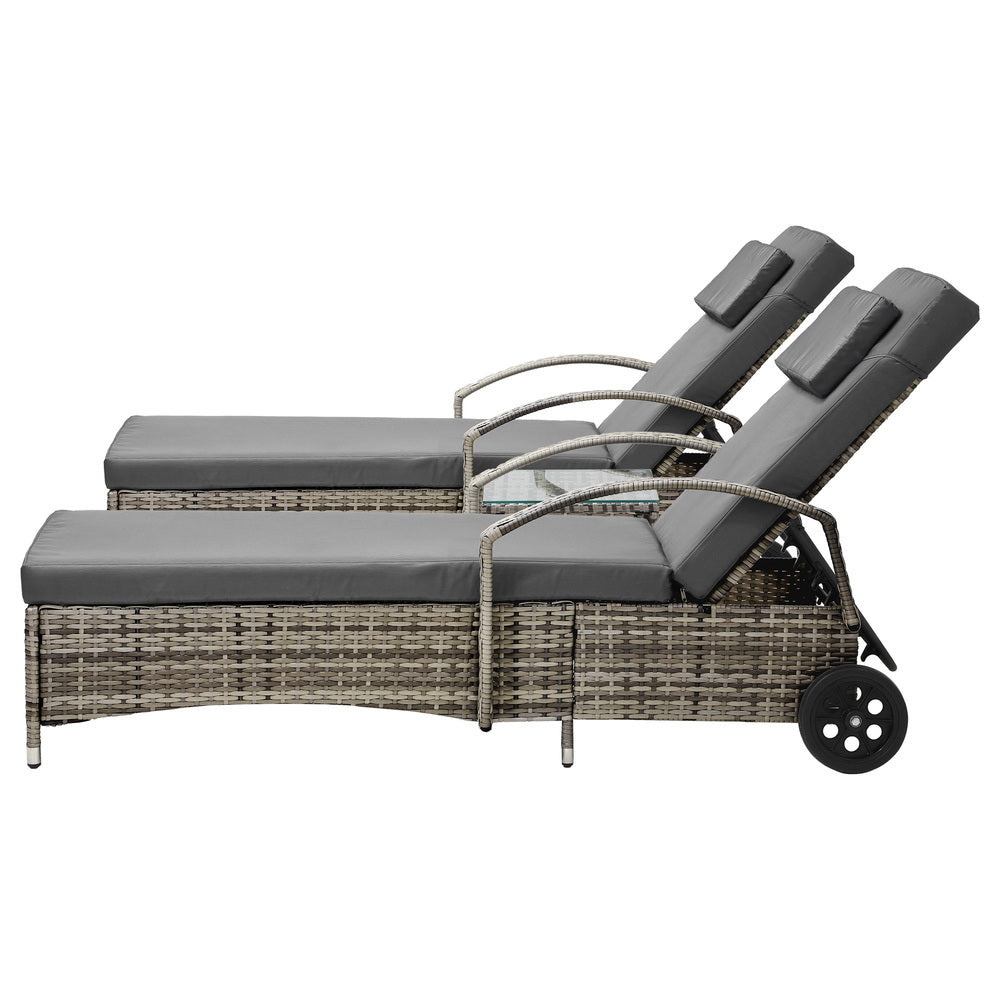 Livsip 2x Wheeled Sun Lounger Day Bed W/ Table Outdoor Setting Patio Furniture-Sun Lounges-PEROZ Accessories