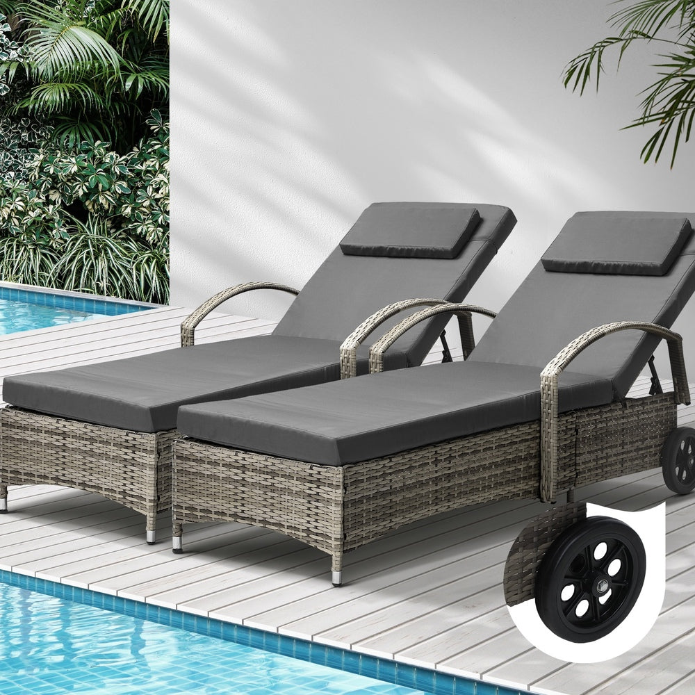 Livsip 2x Sun Lounge Adjustable Backrest Wicker Grey-Sun Lounge-PEROZ Accessories