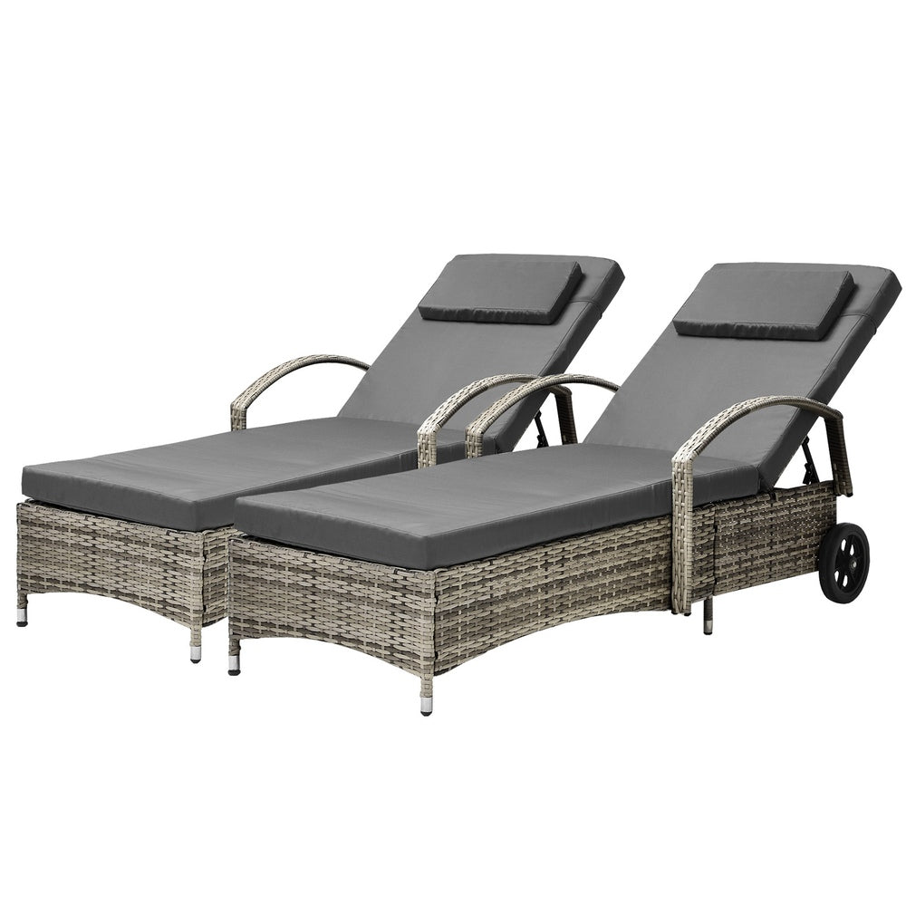 Livsip 2x Sun Lounge Adjustable Backrest Wicker Grey-Sun Lounge-PEROZ Accessories