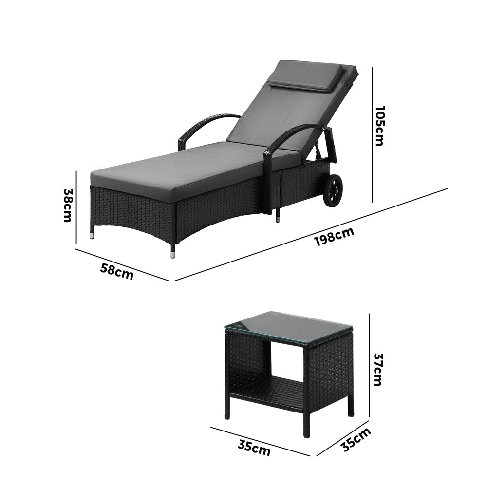 Livsip Sun Lounger Wheeled Day Bed with Table Set Outdoor Patio Furniture-Sun Lounges-PEROZ Accessories
