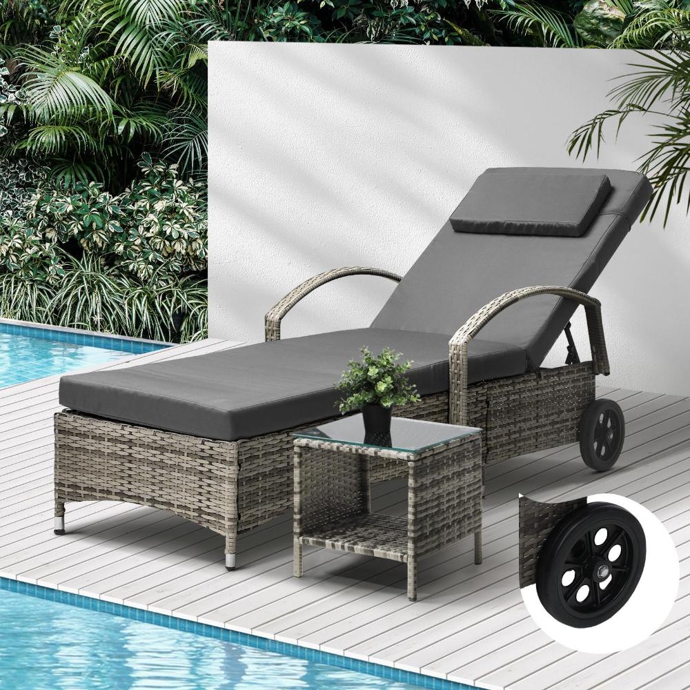 Livsip Sun Lounger Wheeled Day Bed with Table Patio Outdoor Setting Furniture-Sun Lounge-PEROZ Accessories