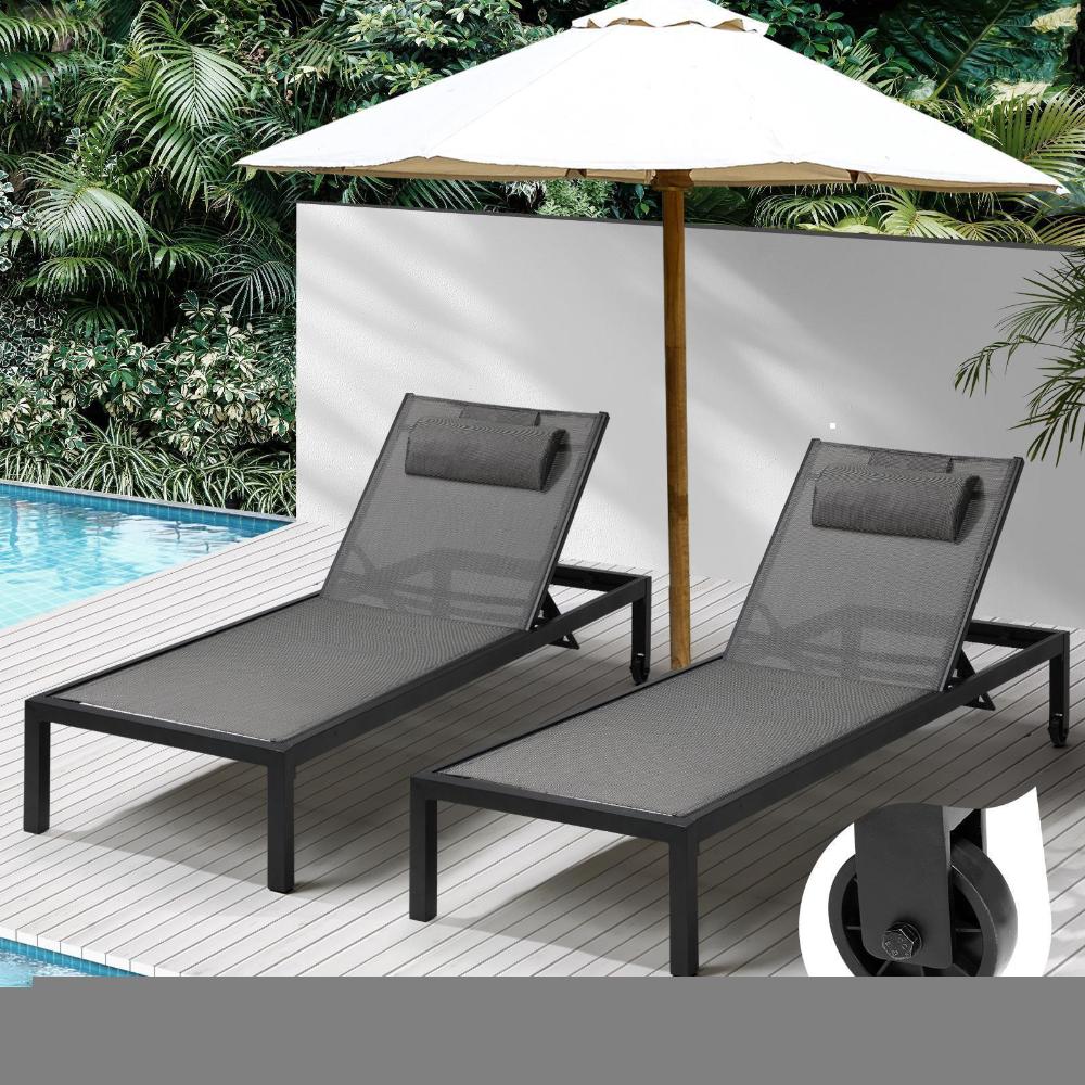 Livsip 2pc Sun Lounge with Aluminium Frame and Wheels Removable Day Bed Outdoor Furniture Garden Patio Lounge-Sun Lounge-PEROZ Accessories