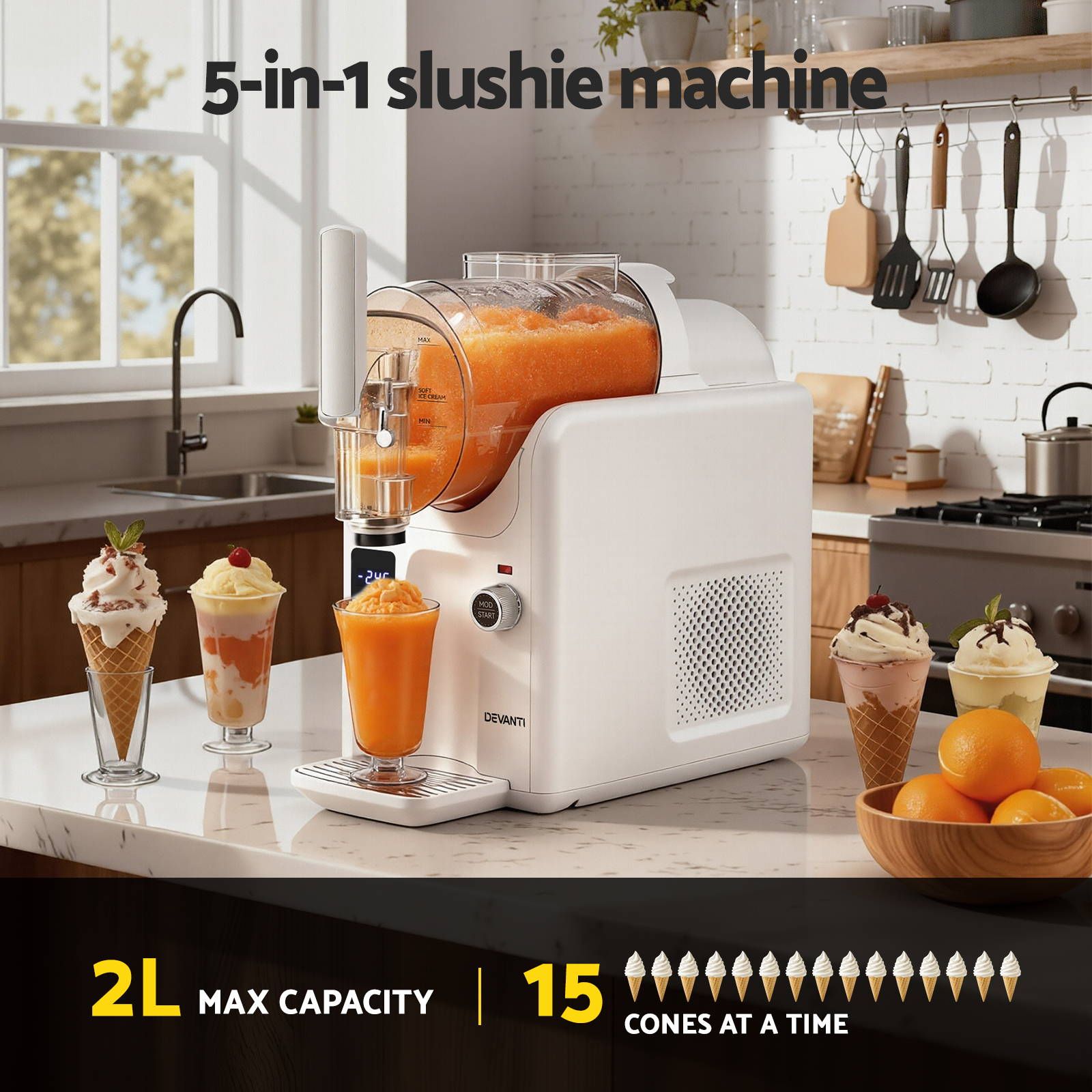 Devanti 5in1 Slushie Machine Ice Cream Maker 2L White-Appliances > Kitchen Appliances > Ice Makers-PEROZ Accessories