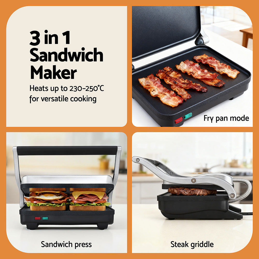 Devanti 3 in 1 Sandwich Maker Steak Press Grill 1000W-Appliances > Kitchen Appliances > Toasters & Grills-PEROZ Accessories