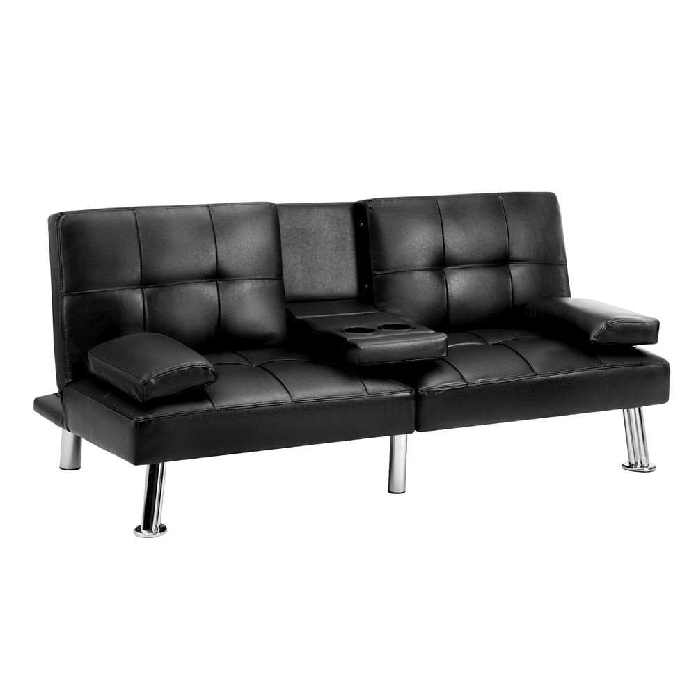 Oikiture 3-Seater Sofa Bed with Cup Holders Black Leather-Sofa Beds-PEROZ Accessories
