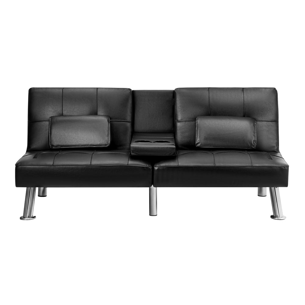 Oikiture 3-Seater Sofa Bed with Cup Holders Black Leather-Sofa Beds-PEROZ Accessories