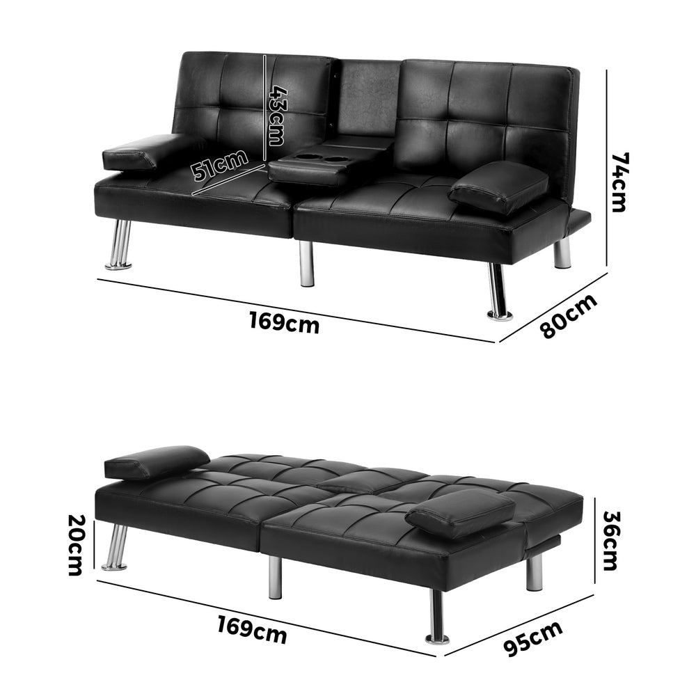 Oikiture 3-Seater Sofa Bed with Cup Holders Black Leather-Sofa Beds-PEROZ Accessories