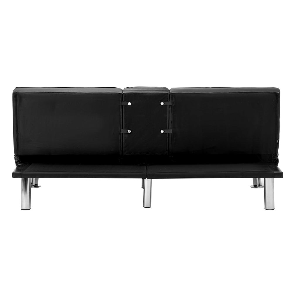Oikiture 3-Seater Sofa Bed with Cup Holders Black Leather-Sofa Beds-PEROZ Accessories
