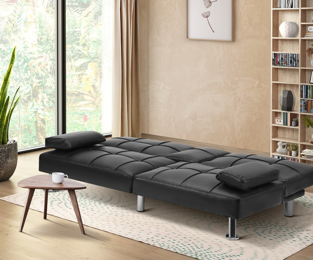 Oikiture 3-Seater Sofa Bed with Cup Holders Black Leather-Sofa Beds-PEROZ Accessories