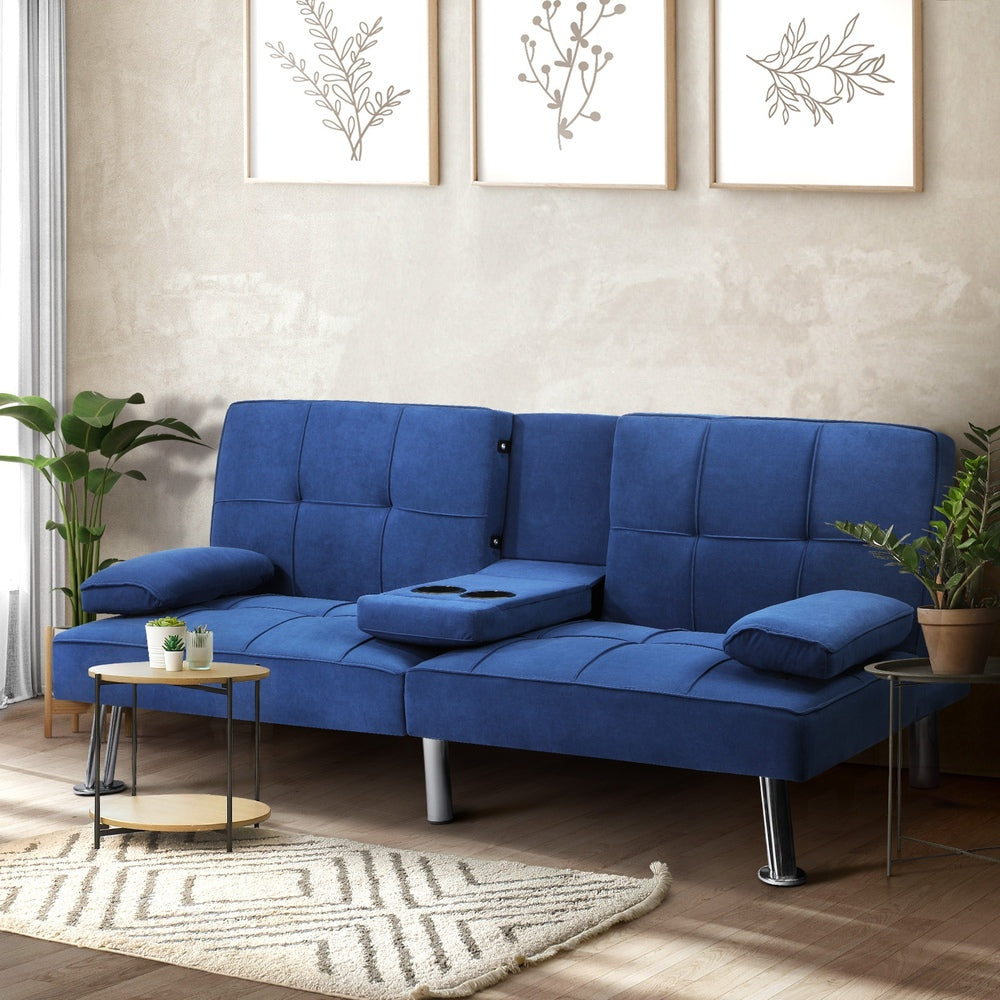 Oikiture Sofa Bed 3 Seater with Cup Holder Velvet Blue-Sofa Bed-PEROZ Accessories