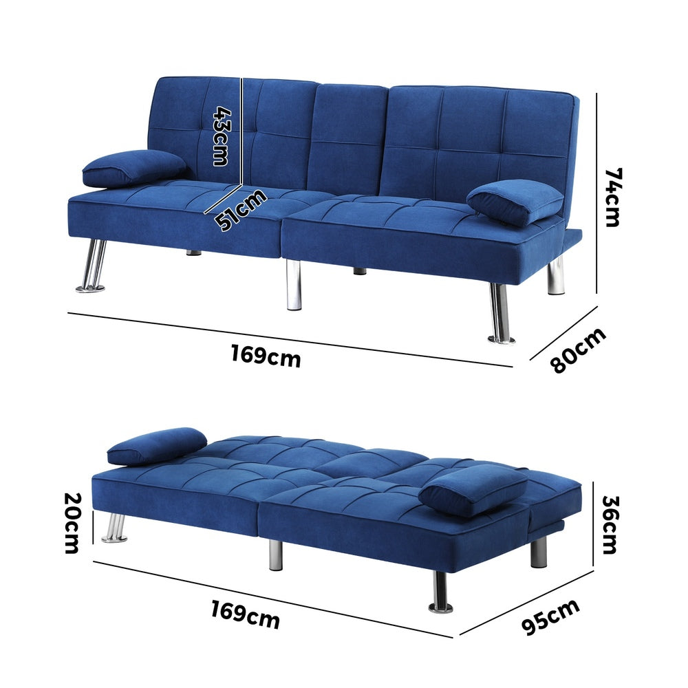 Oikiture Sofa Bed 3 Seater with Cup Holder Velvet Blue-Sofa Bed-PEROZ Accessories