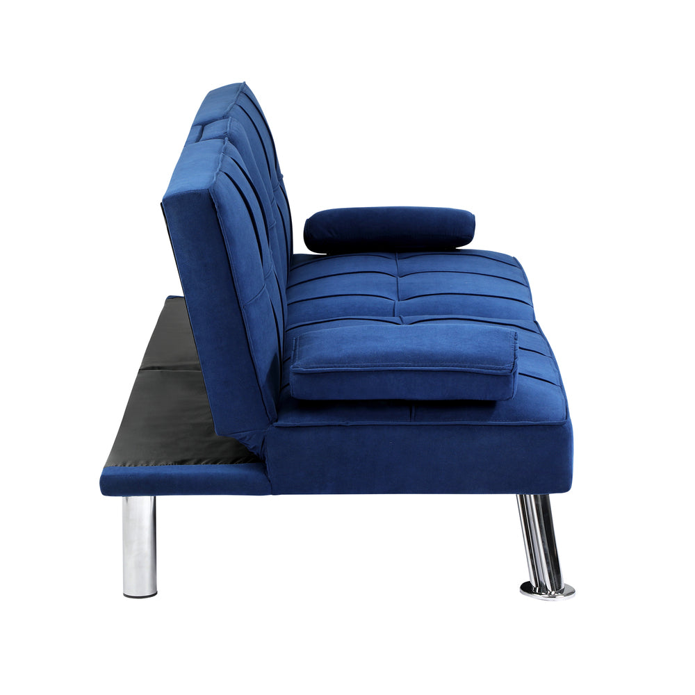 Oikiture Sofa Bed 3 Seater with Cup Holder Velvet Blue-Sofa Bed-PEROZ Accessories