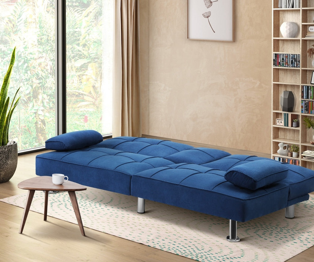 Oikiture Sofa Bed 3 Seater with Cup Holder Velvet Blue-Sofa Bed-PEROZ Accessories