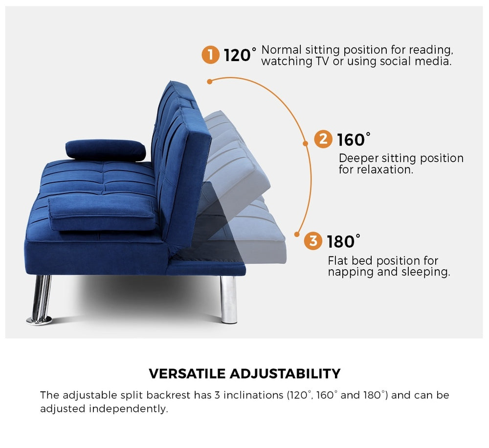 Oikiture Sofa Bed 3 Seater with Cup Holder Velvet Blue-Sofa Bed-PEROZ Accessories