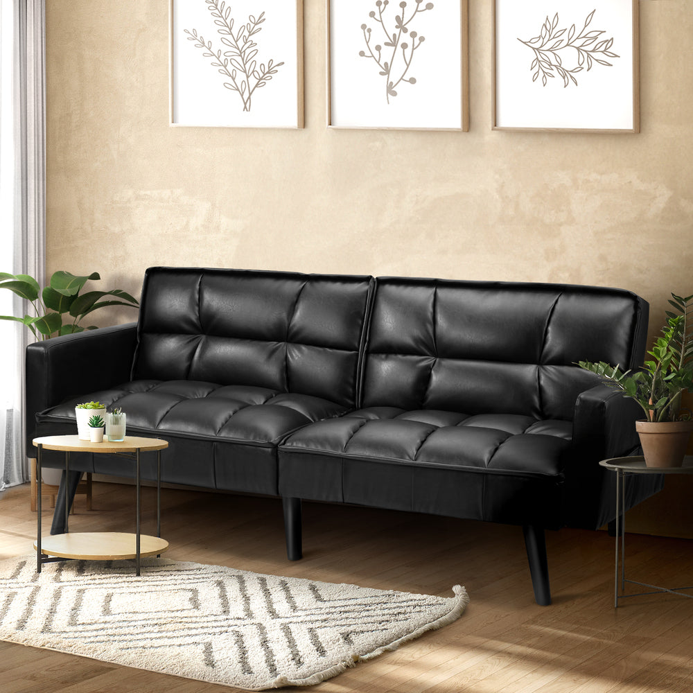 Oikiture Sofa Bed Futon Convertible Leather 3-Seater Black-Sofa Bed-PEROZ Accessories
