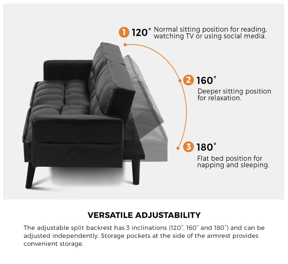 Oikiture Sofa Bed Futon Convertible Leather 3-Seater Black-Sofa Bed-PEROZ Accessories