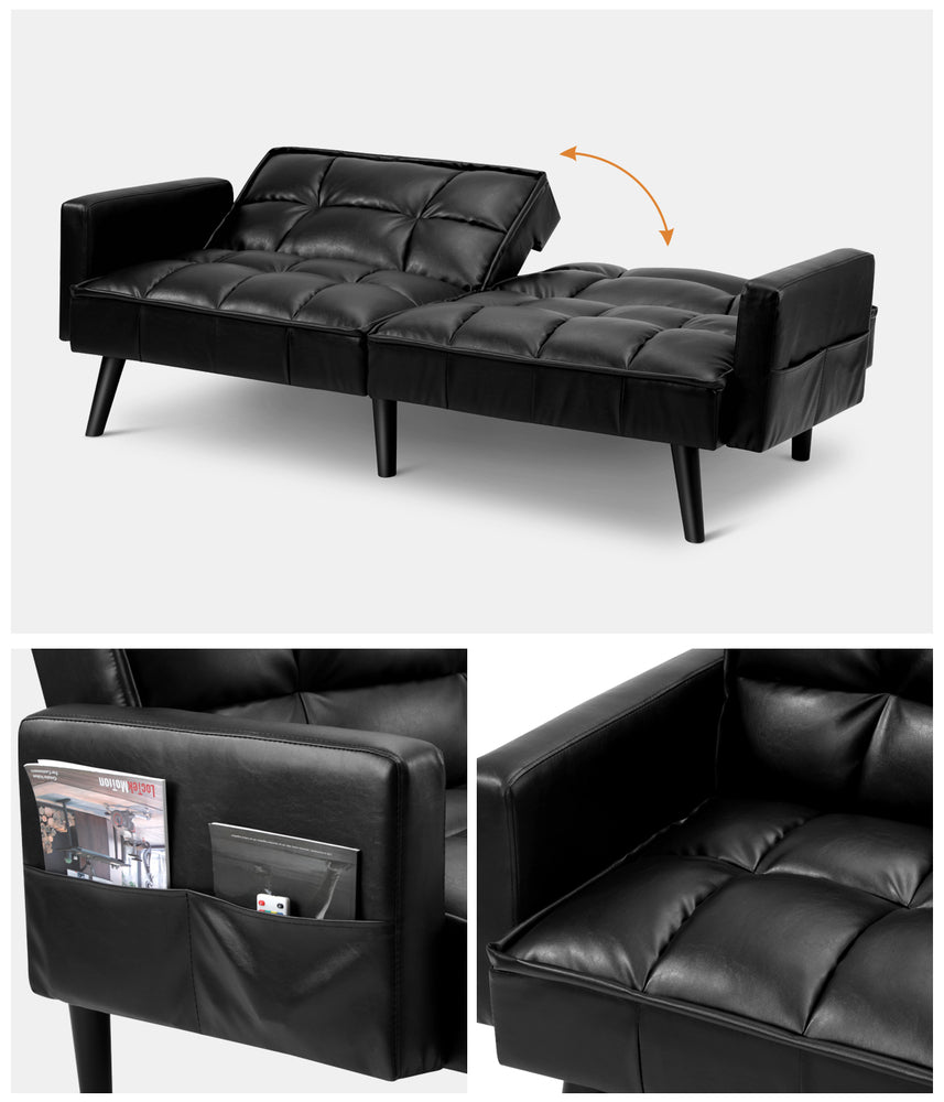 Oikiture Sofa Bed Futon Convertible Leather 3-Seater Black-Sofa Bed-PEROZ Accessories