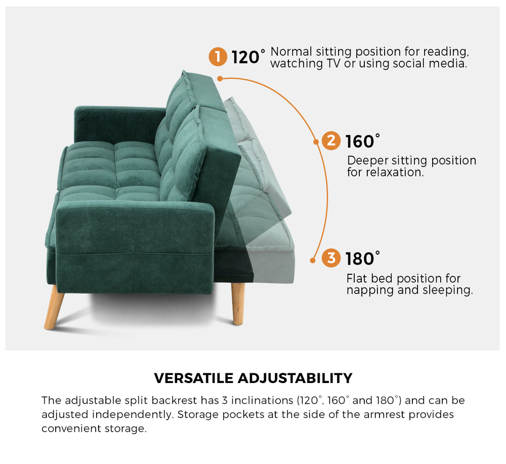 Oikiture Sofa Bed Velvet 3-Seater Green-Sofa Bed-PEROZ Accessories