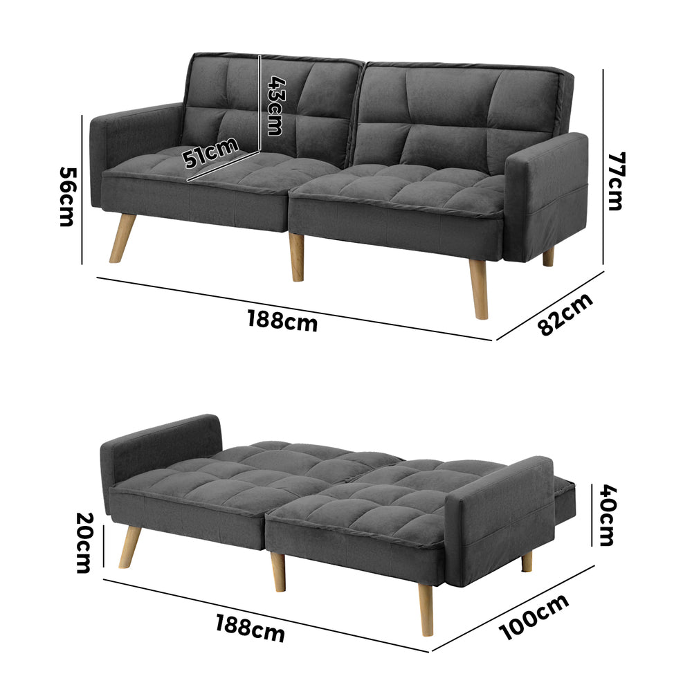 Oikiture Sofa Bed Convertible Velvet 3-Seater Grey-Sofa Bed-PEROZ Accessories