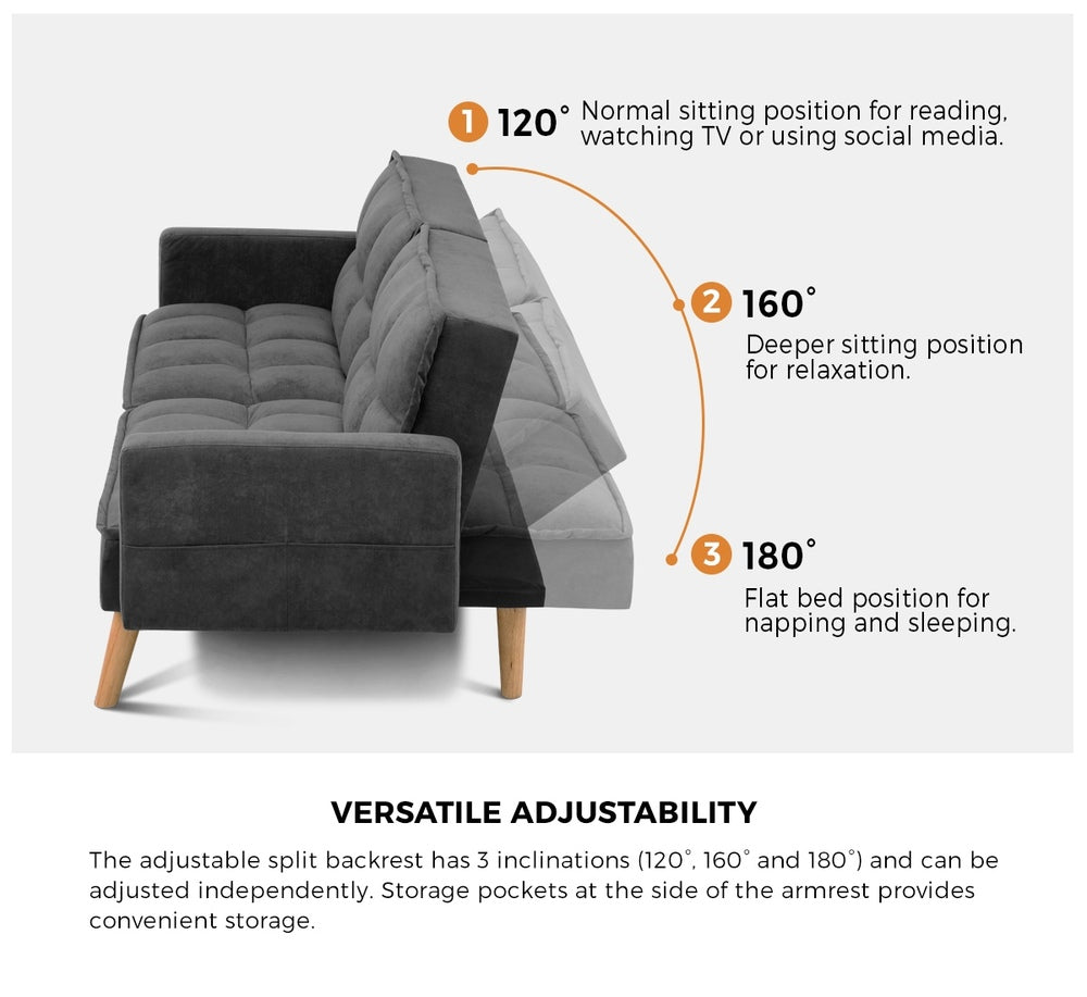 Oikiture Sofa Bed Convertible Velvet 3-Seater Grey-Sofa Bed-PEROZ Accessories