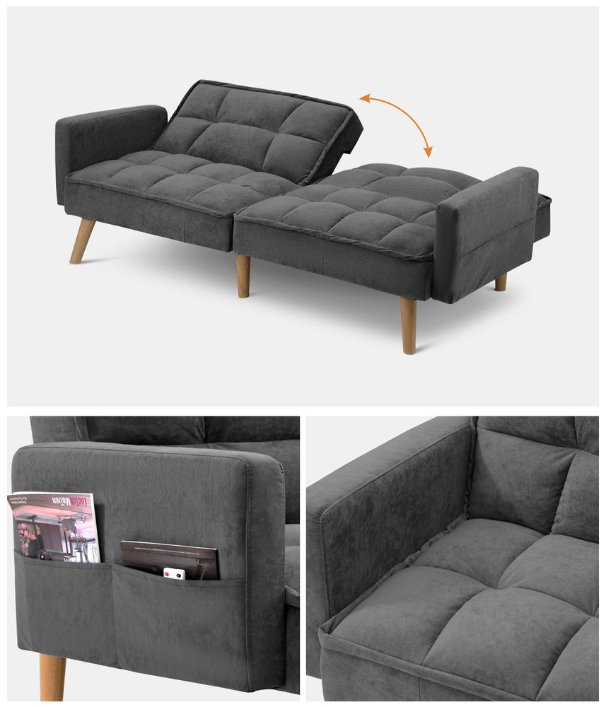 Oikiture Sofa Bed Convertible Velvet 3-Seater Grey-Sofa Bed-PEROZ Accessories