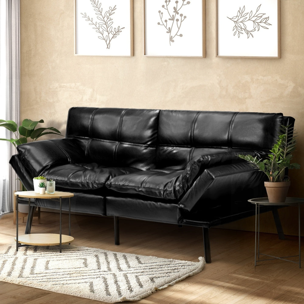 Oikiture Sofa Bed Futon Lounge Couch Convertible Leather 3-Seater Black-Sofa Bed-PEROZ Accessories