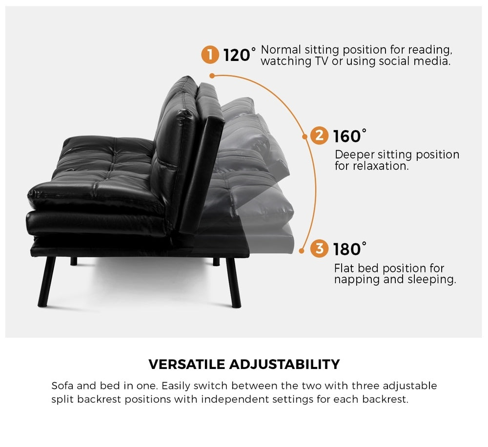 Oikiture Sofa Bed Futon Lounge Couch Convertible Leather 3-Seater Black-Sofa Bed-PEROZ Accessories