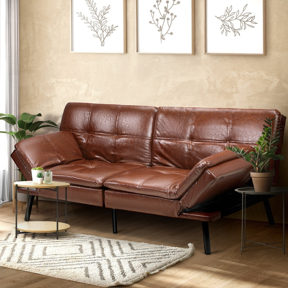 Oikiture Sofa Bed Convertible Leather 3-Seater Brown-Sofa Bed-PEROZ Accessories